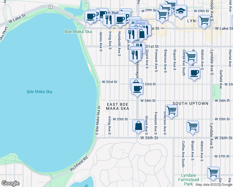 map of restaurants, bars, coffee shops, grocery stores, and more near in Minneapolis