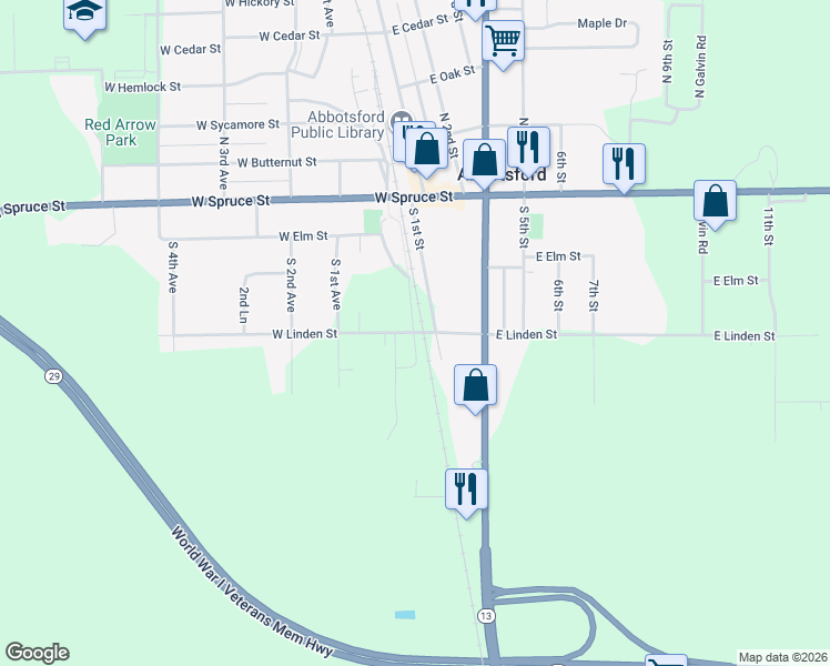 map of restaurants, bars, coffee shops, grocery stores, and more near 105 West Linden Street in Abbotsford