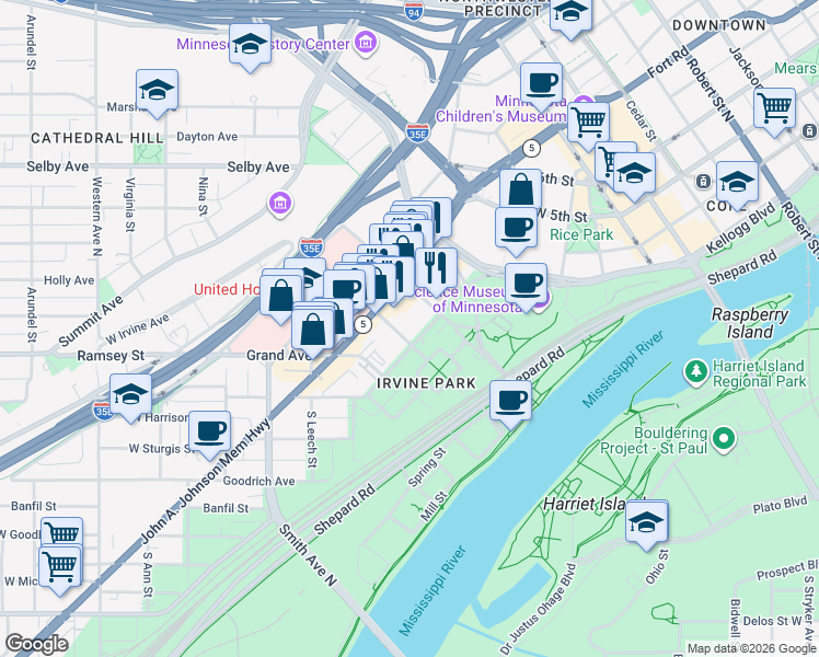 map of restaurants, bars, coffee shops, grocery stores, and more near 251 North Walnut Street in Saint Paul