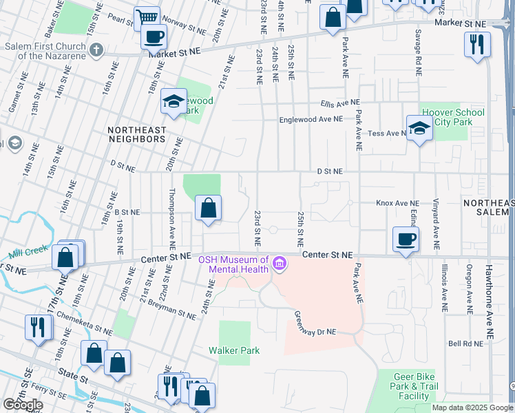 map of restaurants, bars, coffee shops, grocery stores, and more near 739 23rd Street Northeast in Salem