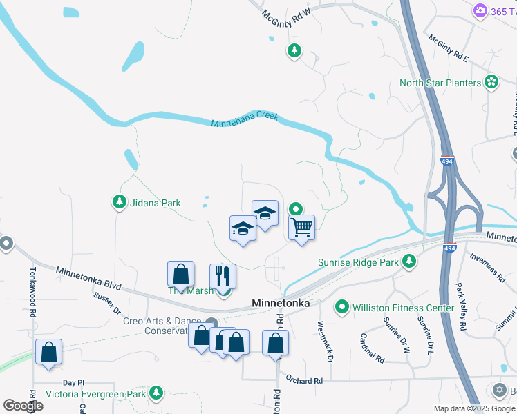 map of restaurants, bars, coffee shops, grocery stores, and more near 3500 Williston Road in Minnetonka