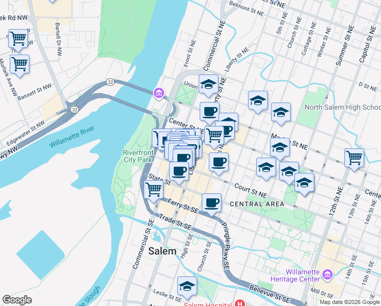 map of restaurants, bars, coffee shops, grocery stores, and more near 343 Court Street Northeast in Salem