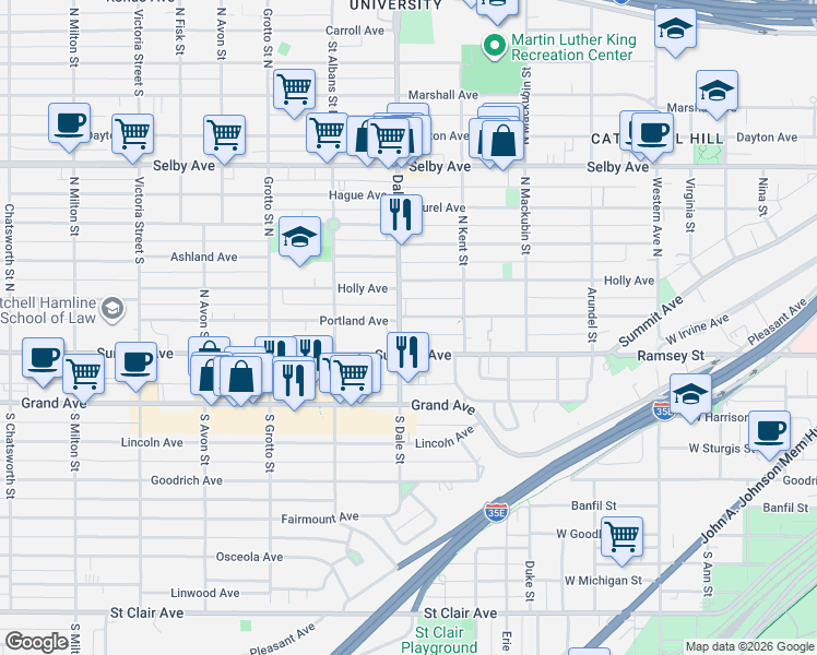 map of restaurants, bars, coffee shops, grocery stores, and more near 614 Portland Avenue in Saint Paul