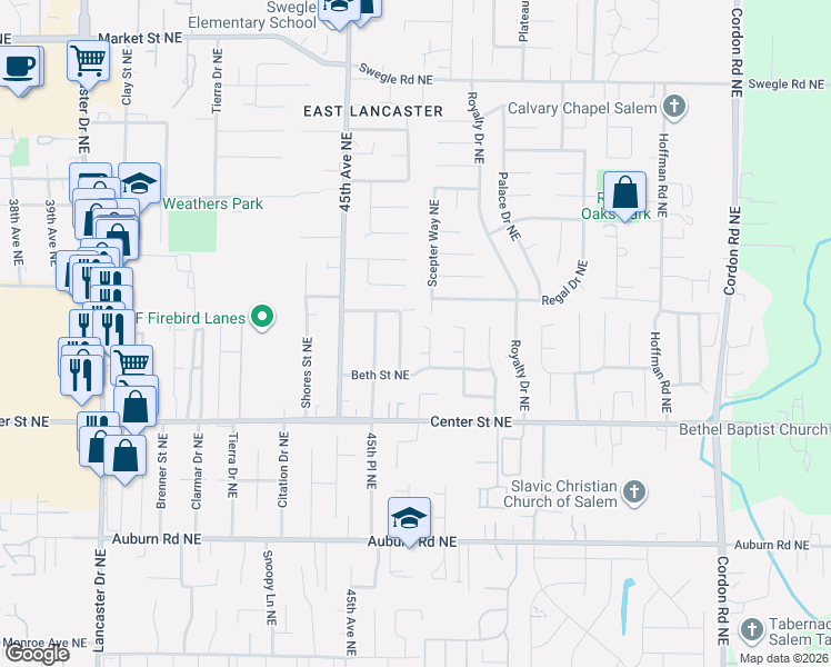 map of restaurants, bars, coffee shops, grocery stores, and more near 838 Ha-Mar Avenue Northeast in Salem