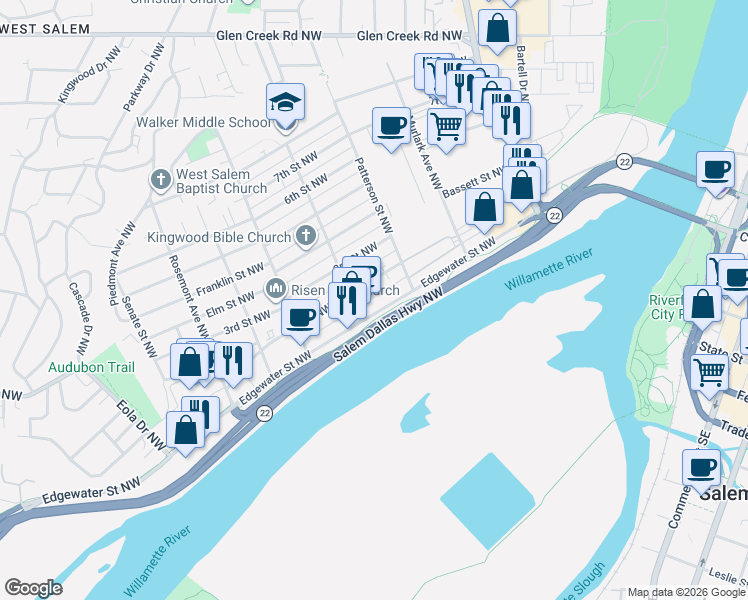 map of restaurants, bars, coffee shops, grocery stores, and more near 1061 Edgewater Street Northwest in Salem