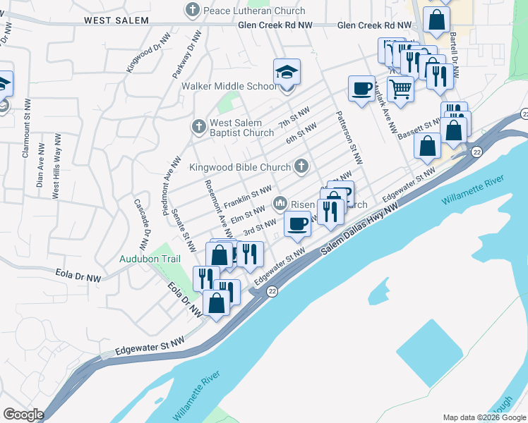 map of restaurants, bars, coffee shops, grocery stores, and more near 321 Kingwood Avenue Northwest in Salem