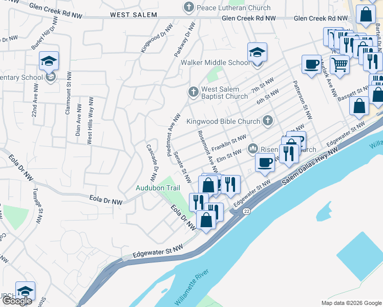 map of restaurants, bars, coffee shops, grocery stores, and more near 1479 Elm Street Northwest in Salem