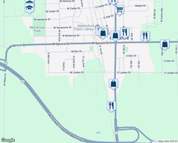 map of restaurants, bars, coffee shops, grocery stores, and more near 105 West Linden Street in Abbotsford
