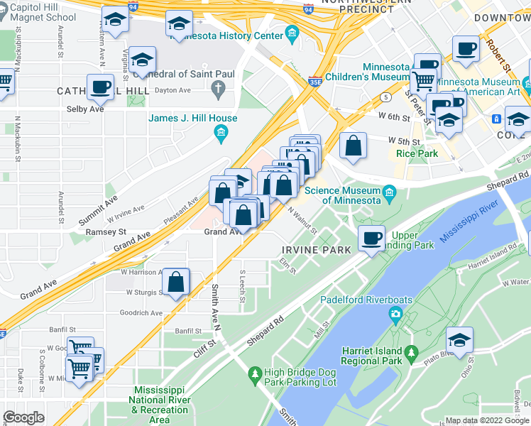 map of restaurants, bars, coffee shops, grocery stores, and more near in Saint Paul
