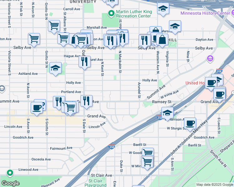 map of restaurants, bars, coffee shops, grocery stores, and more near 505 Summit Avenue in Saint Paul