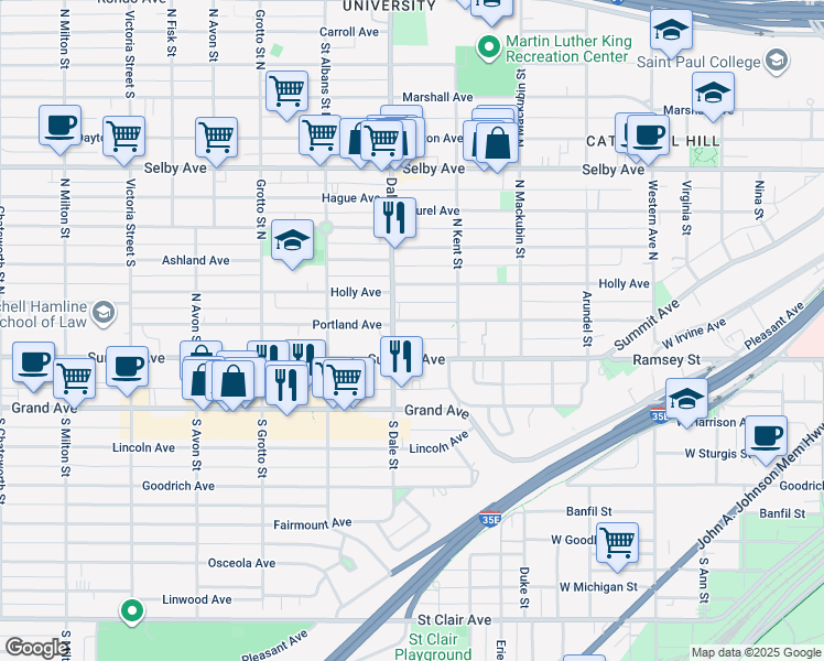 map of restaurants, bars, coffee shops, grocery stores, and more near 615 Summit Avenue in Saint Paul