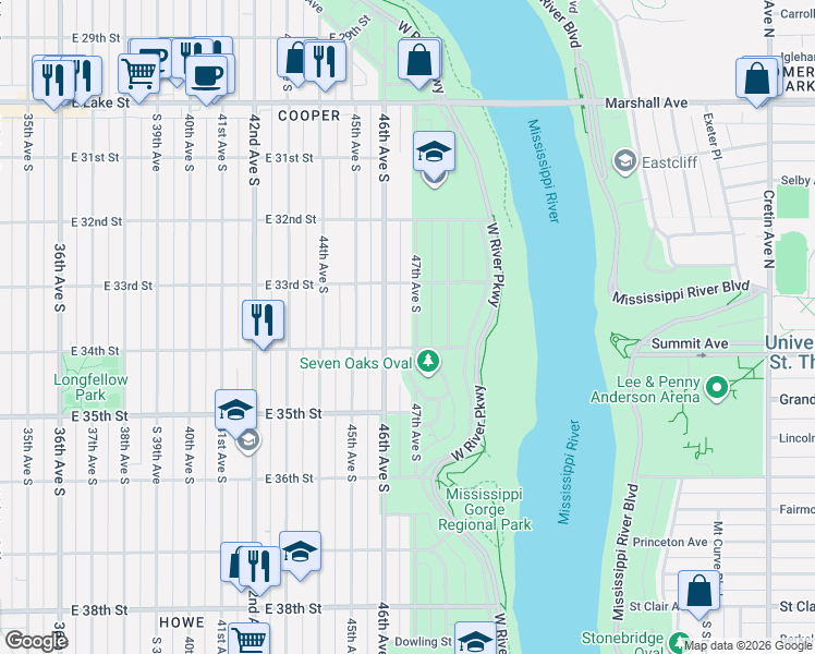 map of restaurants, bars, coffee shops, grocery stores, and more near 3400 Park Terrace in Minneapolis