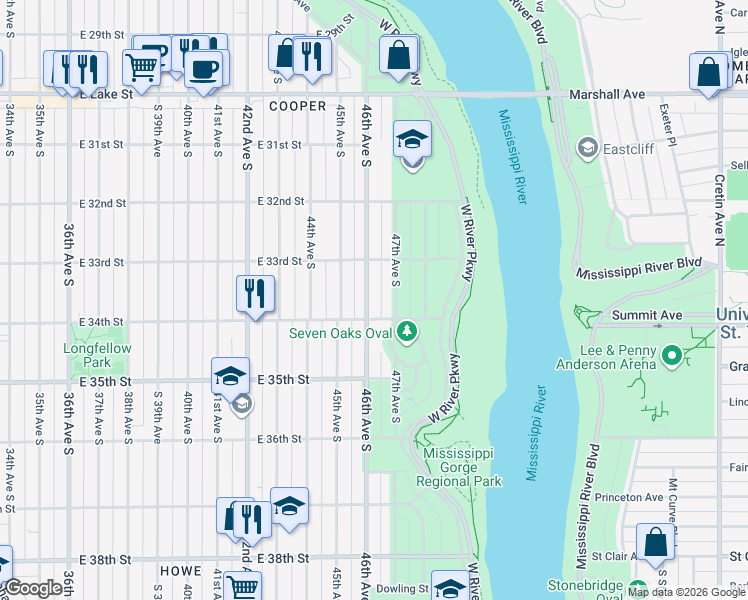 map of restaurants, bars, coffee shops, grocery stores, and more near 3400 Park Terrace in Minneapolis