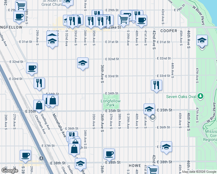 map of restaurants, bars, coffee shops, grocery stores, and more near 3700 East 34th Street in Minneapolis