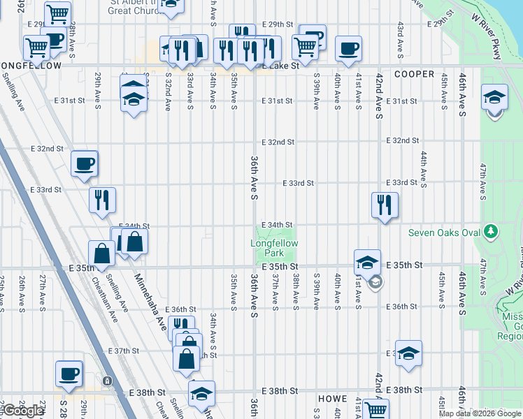 map of restaurants, bars, coffee shops, grocery stores, and more near 3356 36th Avenue South in Minneapolis
