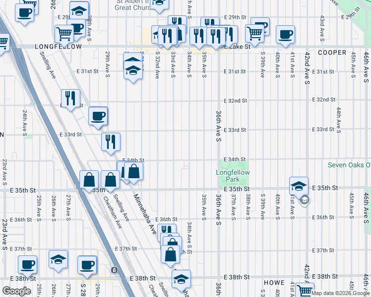 map of restaurants, bars, coffee shops, grocery stores, and more near 3352 East 34th Street in Minneapolis