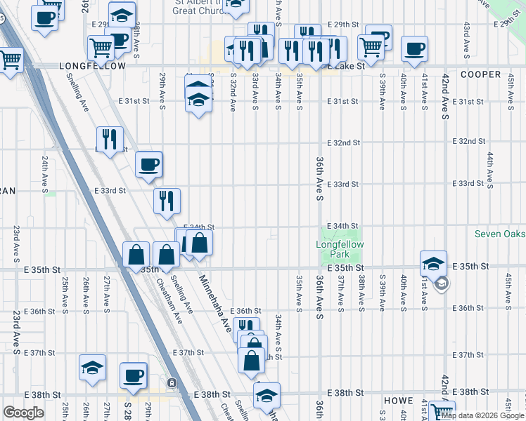 map of restaurants, bars, coffee shops, grocery stores, and more near 3352 East 34th Street in Minneapolis