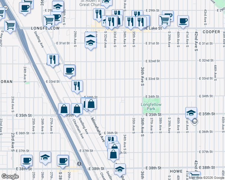 map of restaurants, bars, coffee shops, grocery stores, and more near 3352 33rd Avenue South in Minneapolis