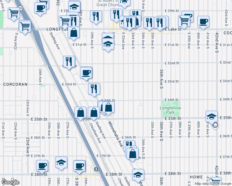 map of restaurants, bars, coffee shops, grocery stores, and more near 3353 South 31st Avenue in Minneapolis