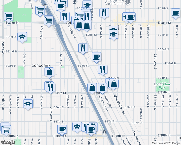 map of restaurants, bars, coffee shops, grocery stores, and more near 3355 Hiawatha Avenue in Minneapolis