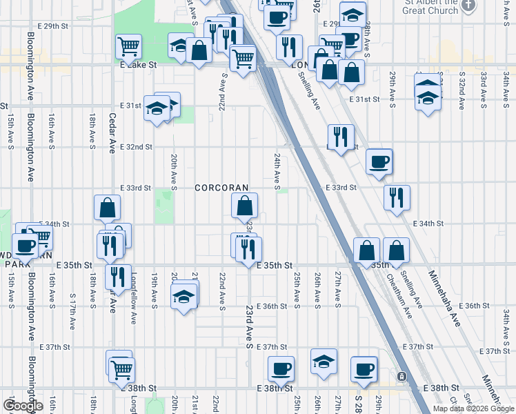 map of restaurants, bars, coffee shops, grocery stores, and more near 3345 23rd Avenue South in Minneapolis