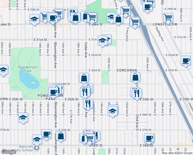 map of restaurants, bars, coffee shops, grocery stores, and more near 3337 Longfellow Avenue in Minneapolis