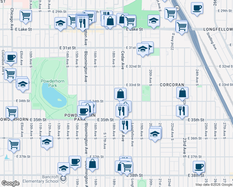 map of restaurants, bars, coffee shops, grocery stores, and more near 3338 18th Avenue South in Minneapolis