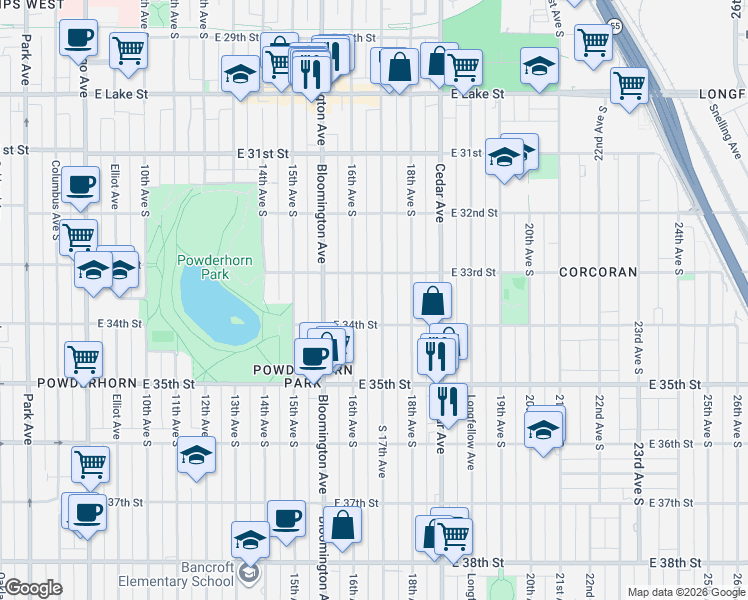 map of restaurants, bars, coffee shops, grocery stores, and more near 1614 East 34th Street in Minneapolis