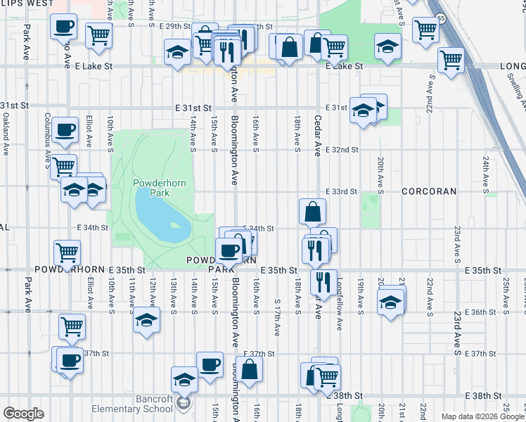 map of restaurants, bars, coffee shops, grocery stores, and more near 1614 East 34th Street in Minneapolis