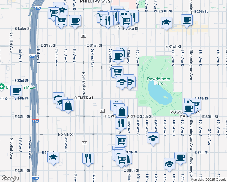 map of restaurants, bars, coffee shops, grocery stores, and more near 3354 Columbus Avenue in Minneapolis