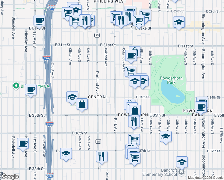 map of restaurants, bars, coffee shops, grocery stores, and more near 3356 Park Avenue in Minneapolis