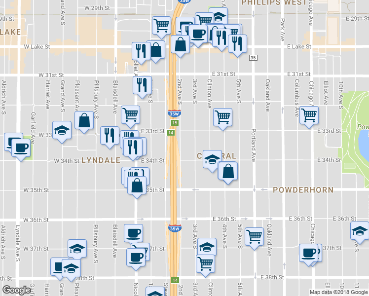 map of restaurants, bars, coffee shops, grocery stores, and more near 3346 3rd Avenue South in Minneapolis