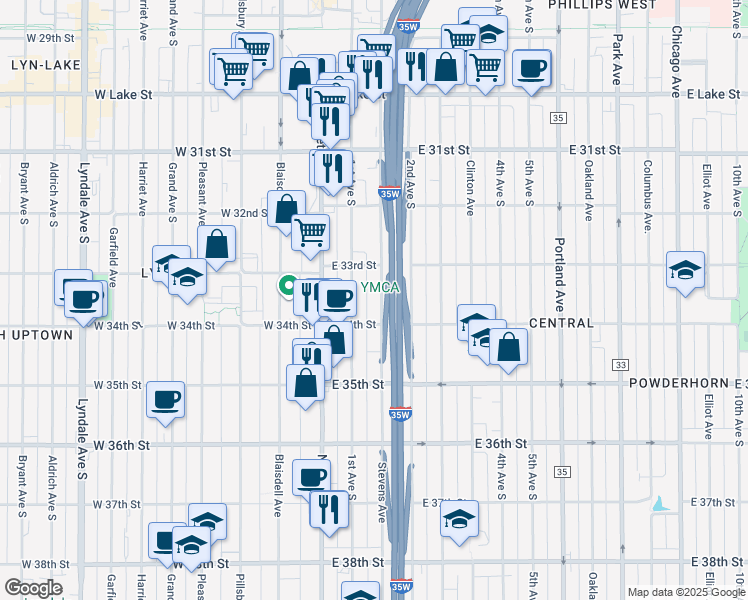map of restaurants, bars, coffee shops, grocery stores, and more near 112 East 34th Street in Minneapolis