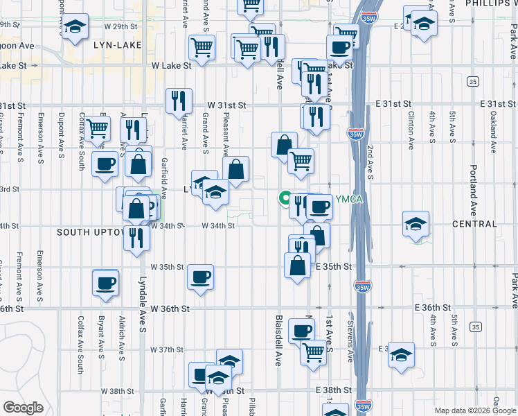 map of restaurants, bars, coffee shops, grocery stores, and more near 116 West 34th Street in Minneapolis