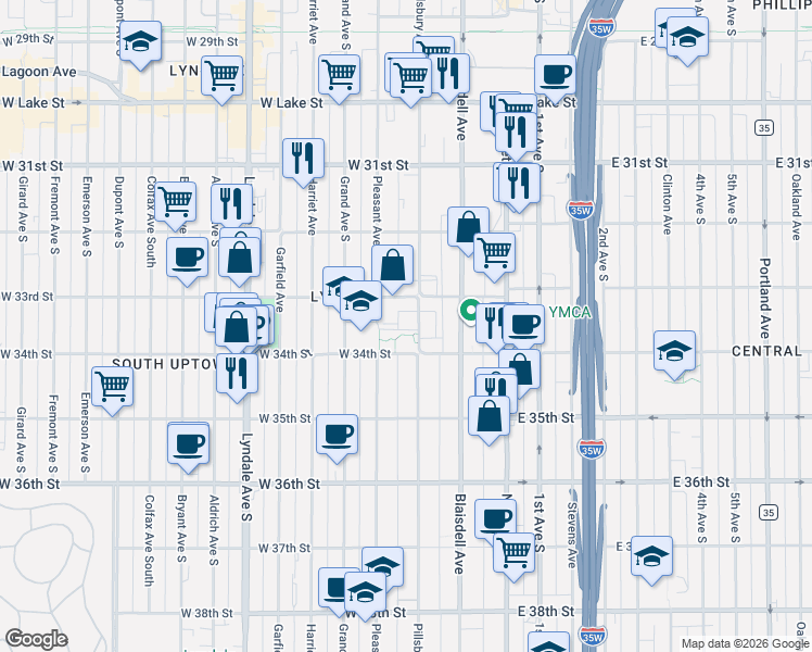 map of restaurants, bars, coffee shops, grocery stores, and more near 211 West 34th Street in Minneapolis