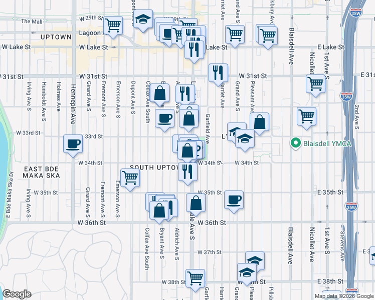 map of restaurants, bars, coffee shops, grocery stores, and more near 3346 Lyndale Avenue South in Minneapolis