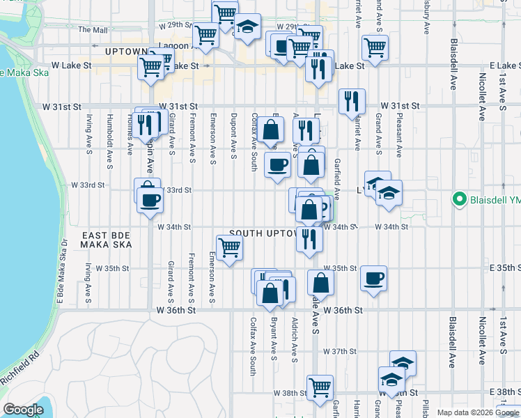 map of restaurants, bars, coffee shops, grocery stores, and more near 3346 Bryant Avenue South in Minneapolis