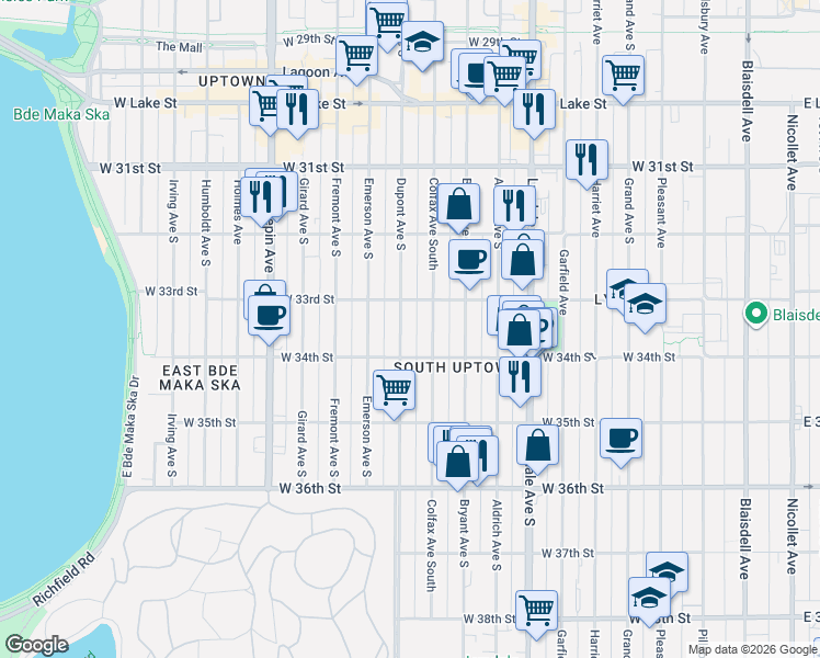 map of restaurants, bars, coffee shops, grocery stores, and more near 1010 West 34th Street in Minneapolis