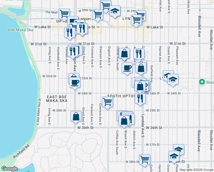 map of restaurants, bars, coffee shops, grocery stores, and more near 3345 Emerson Avenue South in Minneapolis