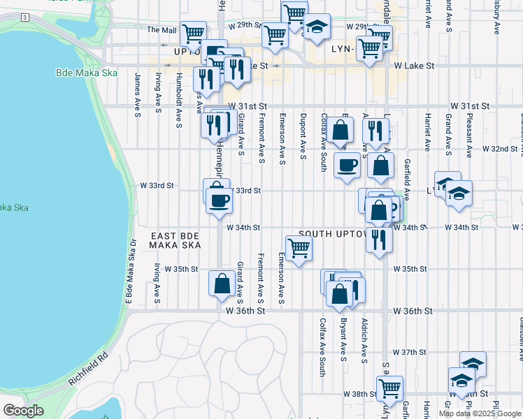 map of restaurants, bars, coffee shops, grocery stores, and more near 3349 Fremont Avenue South in Minneapolis