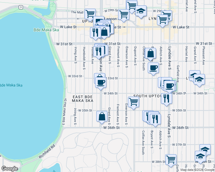 map of restaurants, bars, coffee shops, grocery stores, and more near 3349 Girard Avenue South in Minneapolis
