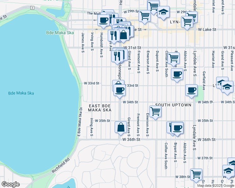 map of restaurants, bars, coffee shops, grocery stores, and more near 3348 Hennepin Avenue in Minneapolis