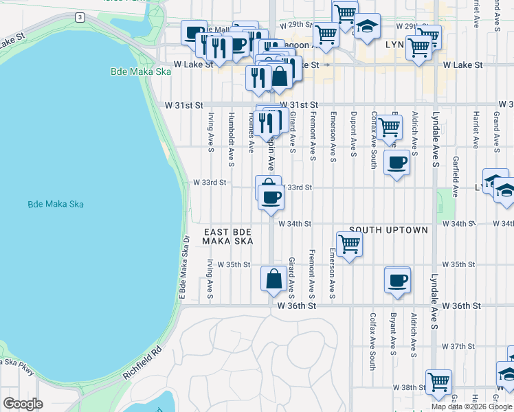 map of restaurants, bars, coffee shops, grocery stores, and more near 3346 Holmes Avenue in Minneapolis