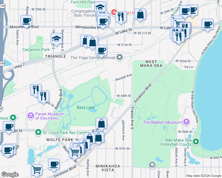 map of restaurants, bars, coffee shops, grocery stores, and more near 3341 Huntington Avenue in Minneapolis