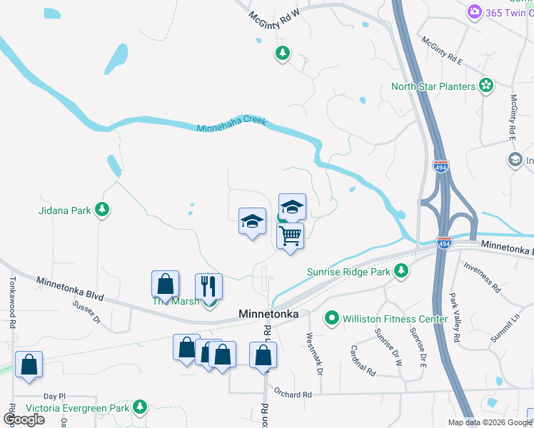 map of restaurants, bars, coffee shops, grocery stores, and more near 3401 Williston Road in Minnetonka
