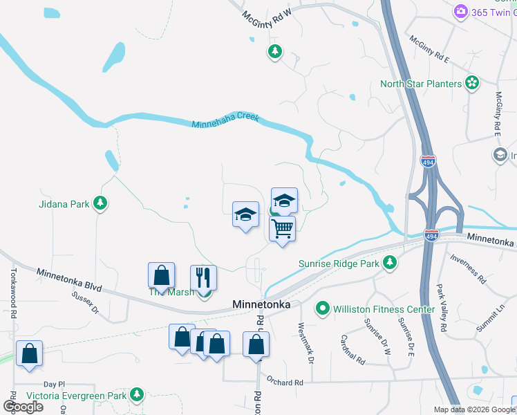 map of restaurants, bars, coffee shops, grocery stores, and more near 3401 Williston Road in Minnetonka