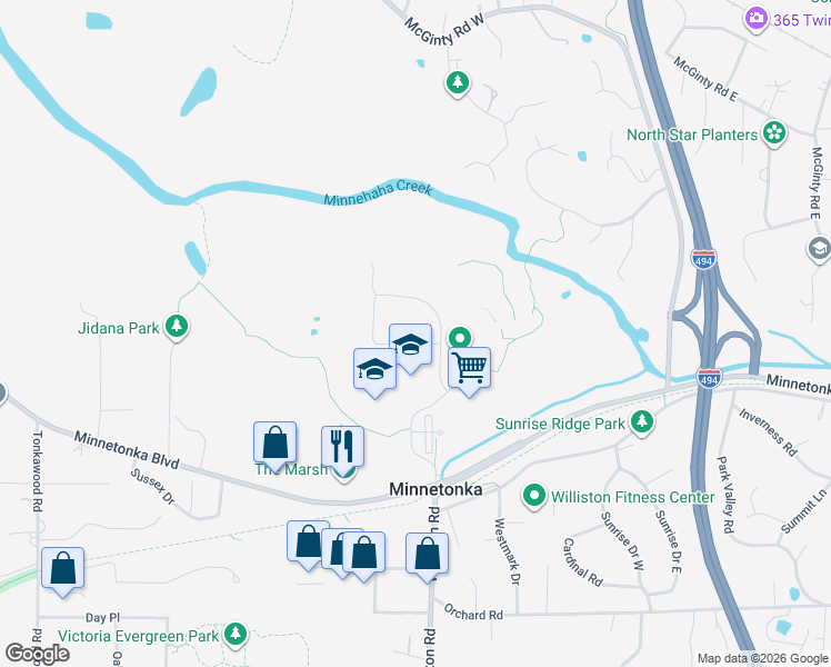 map of restaurants, bars, coffee shops, grocery stores, and more near 3500 Williston Road in Minnetonka