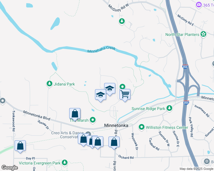 map of restaurants, bars, coffee shops, grocery stores, and more near 3500 Williston Road in Minnetonka