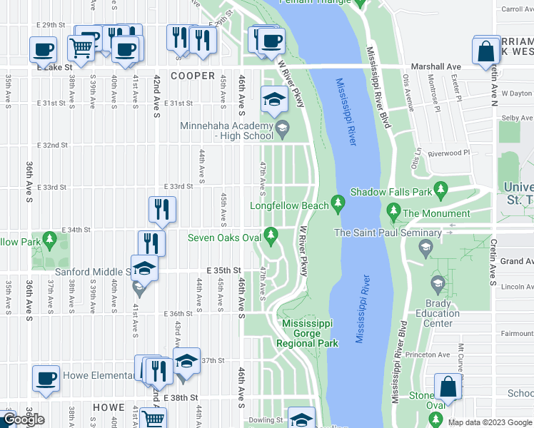 map of restaurants, bars, coffee shops, grocery stores, and more near 3341 47th Avenue South in Minneapolis