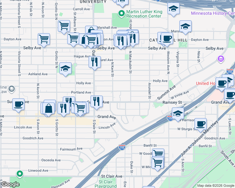 map of restaurants, bars, coffee shops, grocery stores, and more near 545 Summit Avenue in Saint Paul